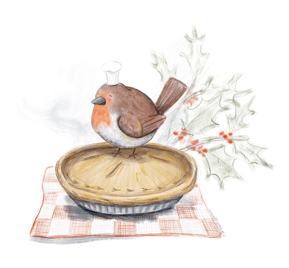 Pencil illustration of a whimsical fat robin in a chef's hat, sitting proudly on top of the holiday berry pie they made from holly berries