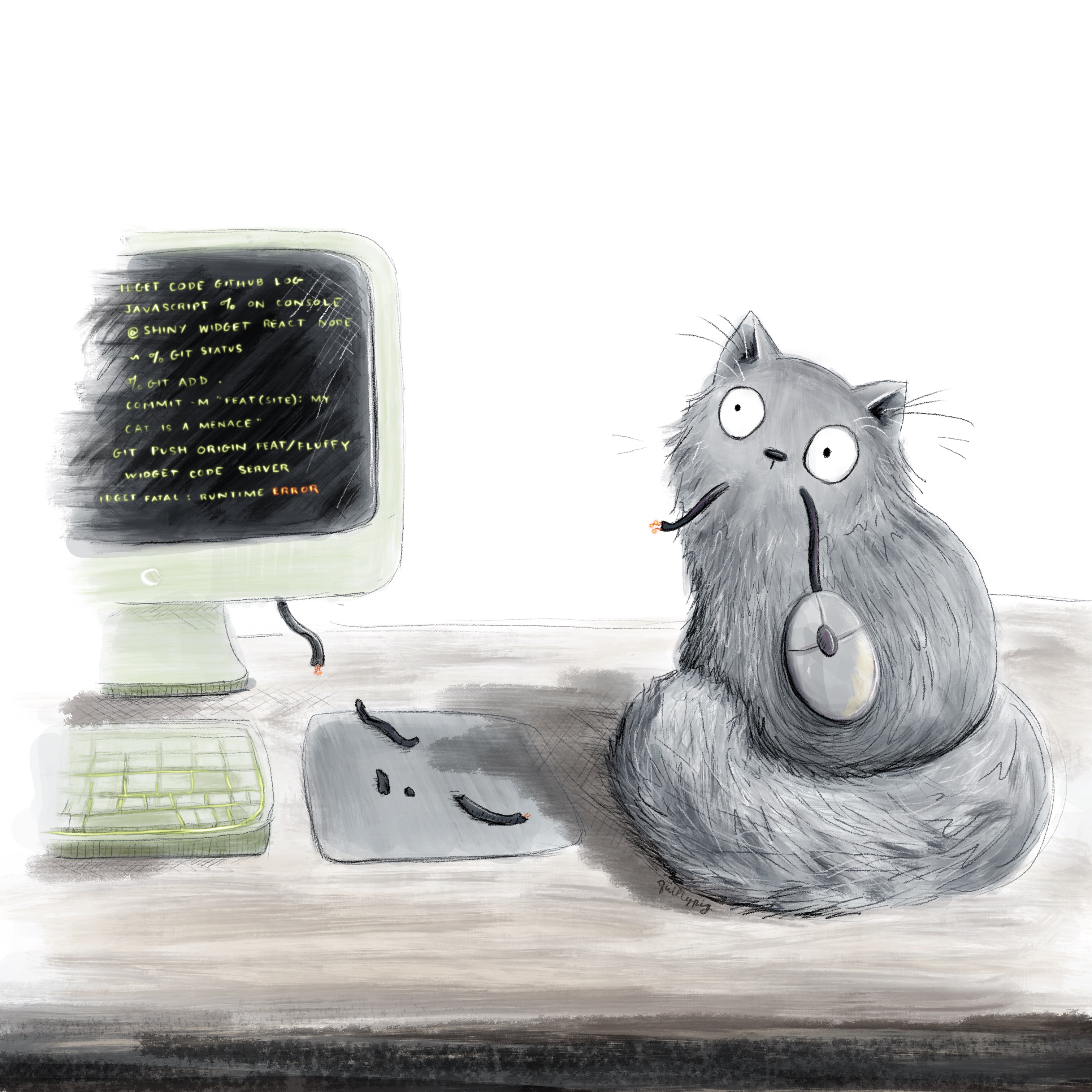 Kid lit illustration of a cat who has proudly caught a computer mouse