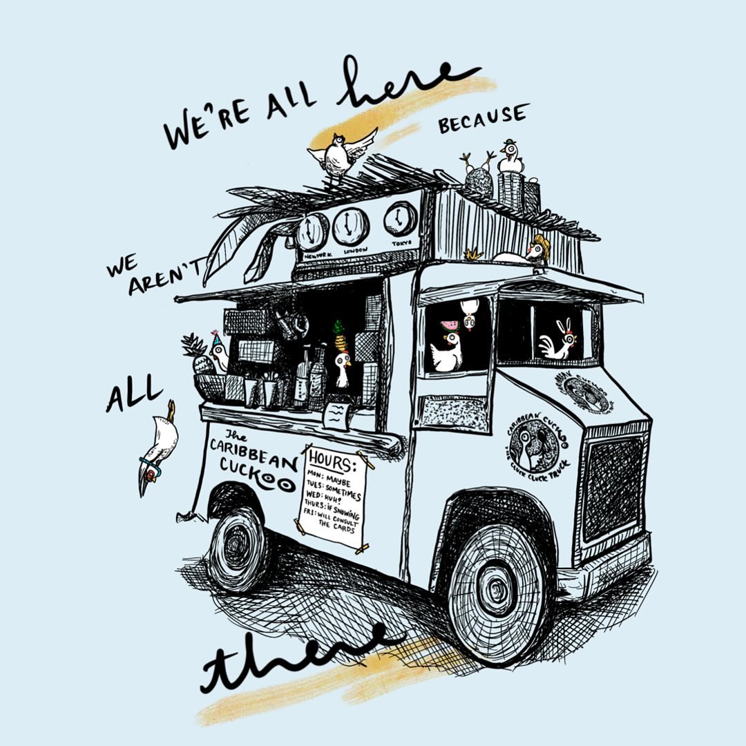 Pen and ink illustration of a food truck taken over by crazy chickens