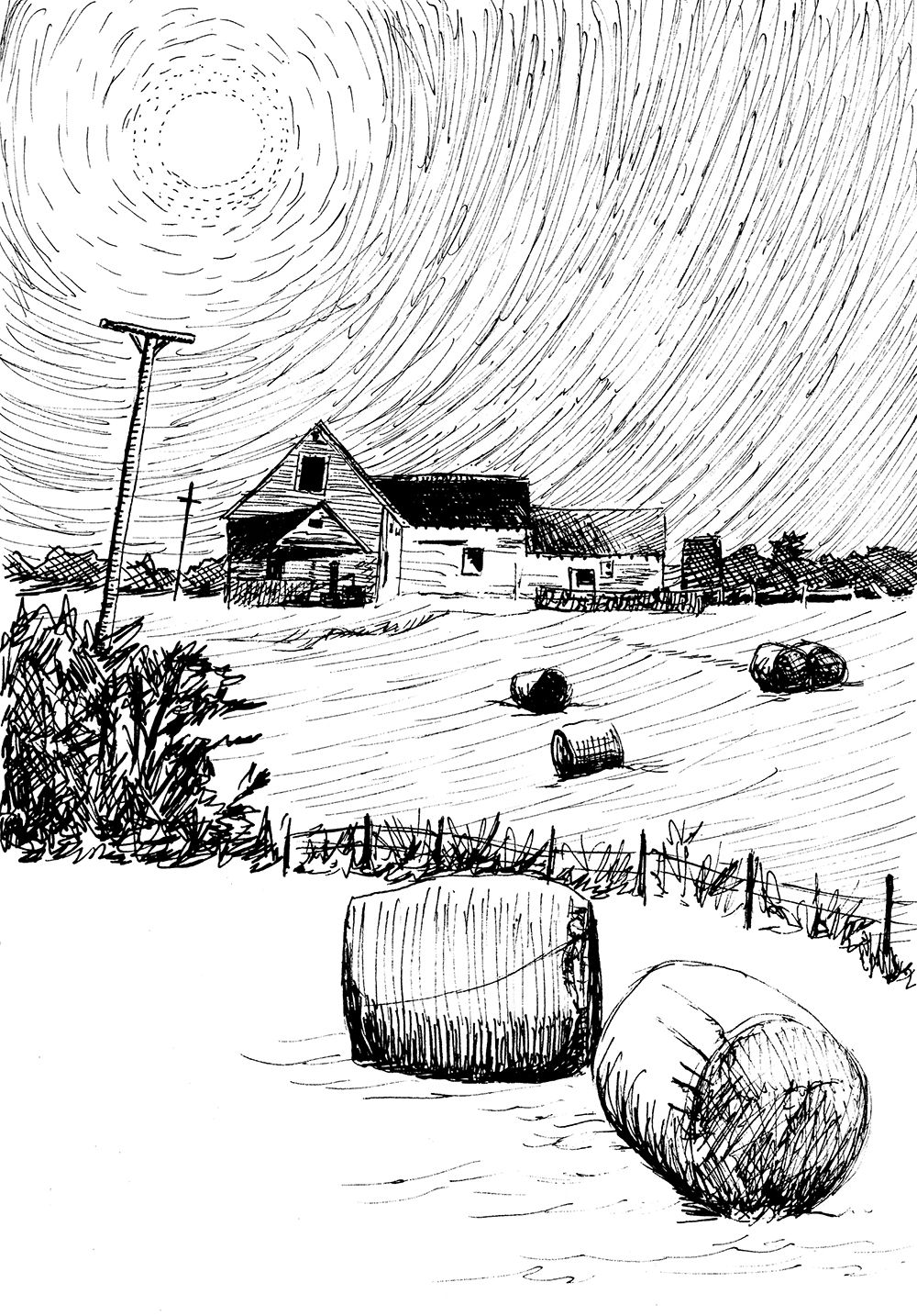 Pen and ink illustration of a farm and its land full of round bales, under a glowing full moon.