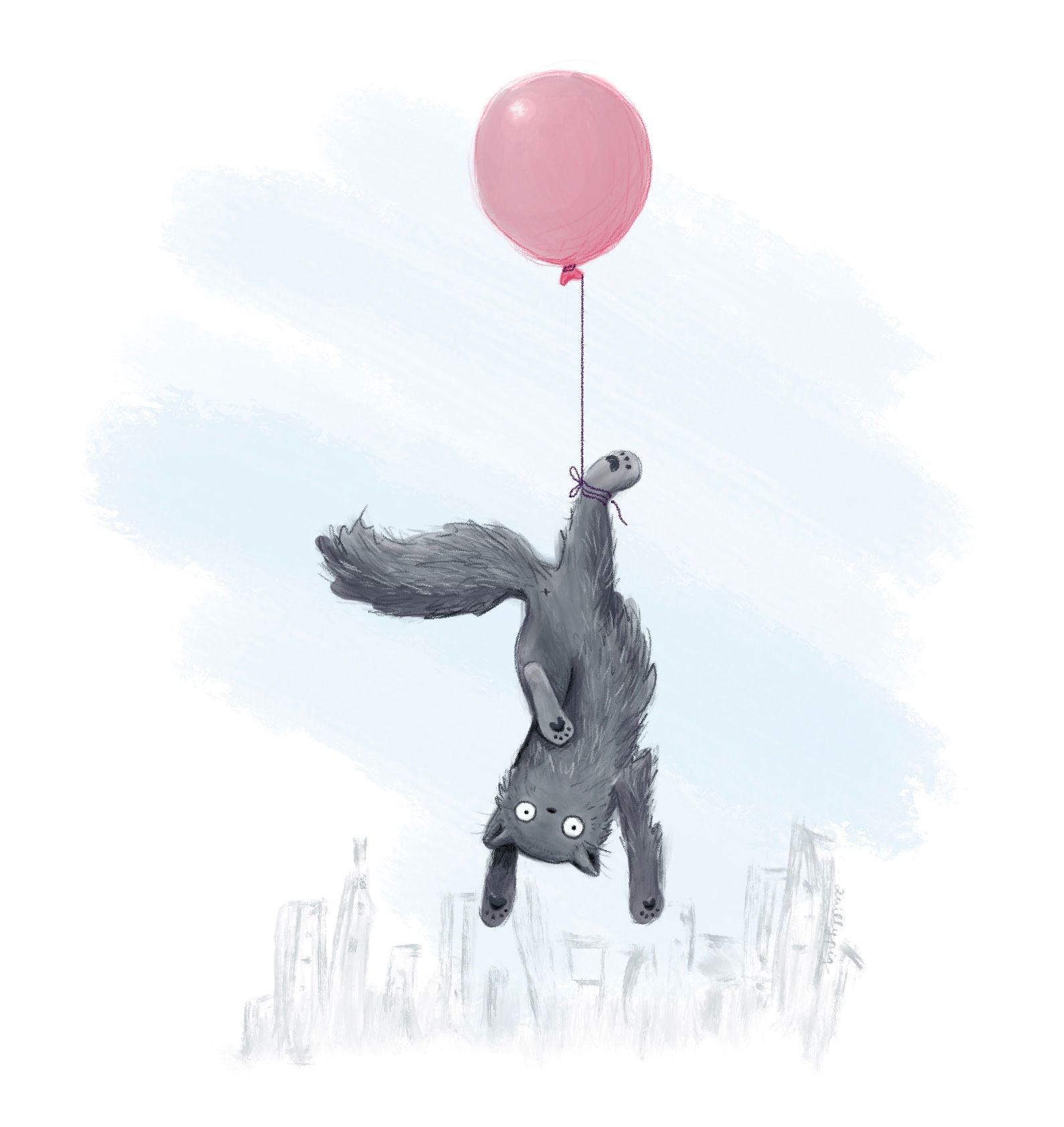 Illustration of a fluffy cat, upside down, getting carried up by a single pink balloon.