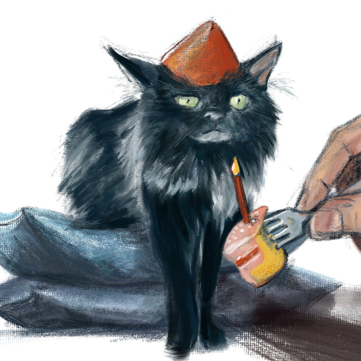 Illustration of a grumpy cat in a party hat being offered a piece of cake on a fork